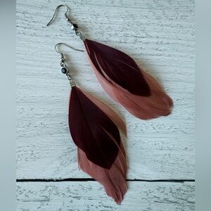 Elegant Feather Earrings in Burgundy and Pink
